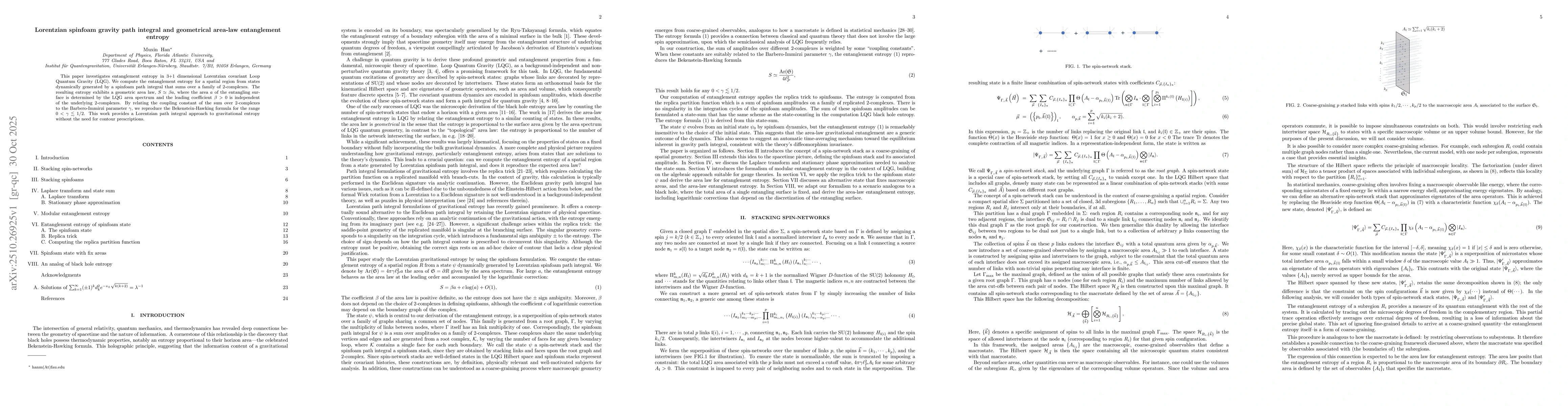 Thumbnail for Lorentzian spinfoam gravity path integral and geometrical area-law
  entanglement entropy