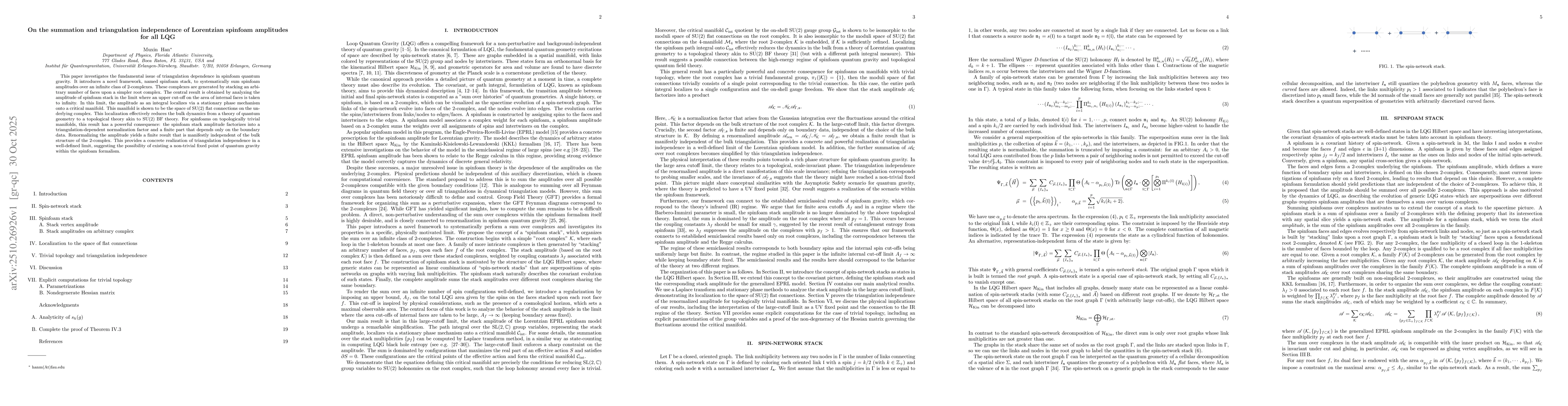 Thumbnail for On the summation and triangulation independence of Lorentzian spinfoam
  amplitudes for all LQG