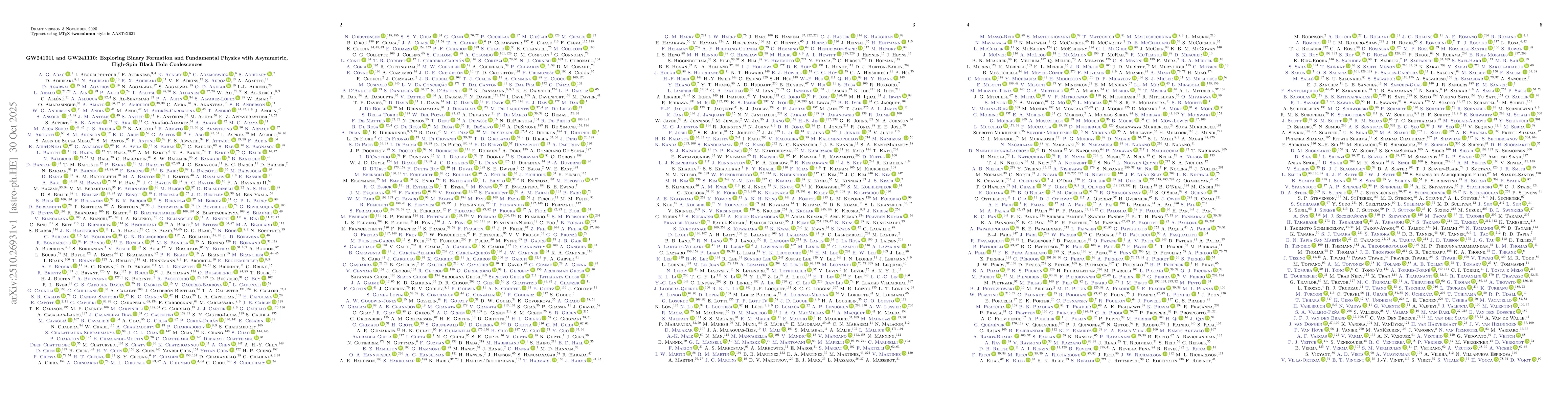 Thumbnail for GW241011 and GW241110: Exploring Binary Formation and Fundamental
  Physics with Asymmetric, High-Spin Black Hole Coalescence