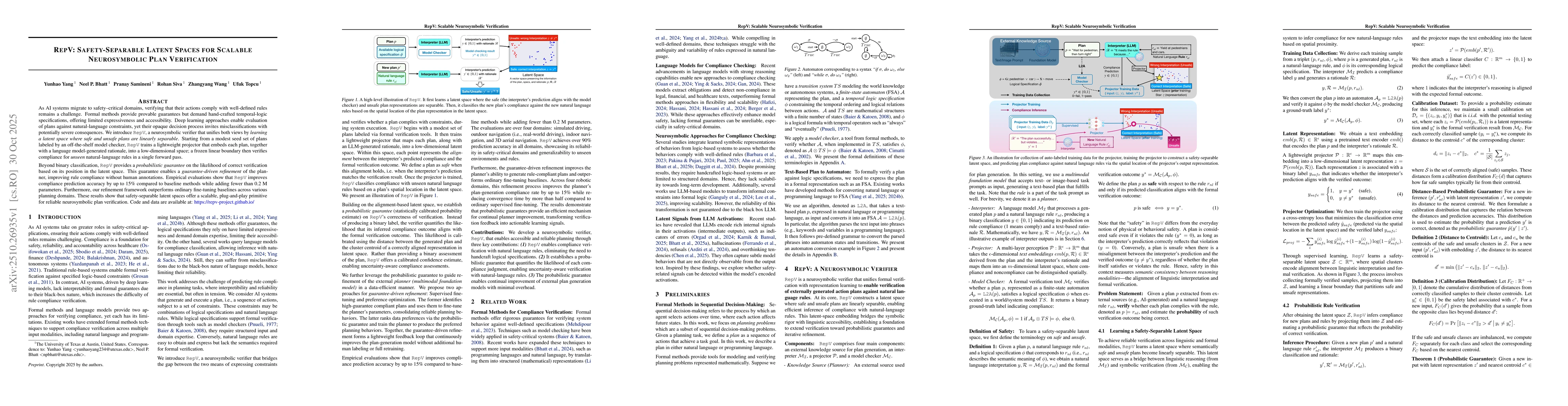 Thumbnail for RepV: Safety-Separable Latent Spaces for Scalable Neurosymbolic Plan
  Verification