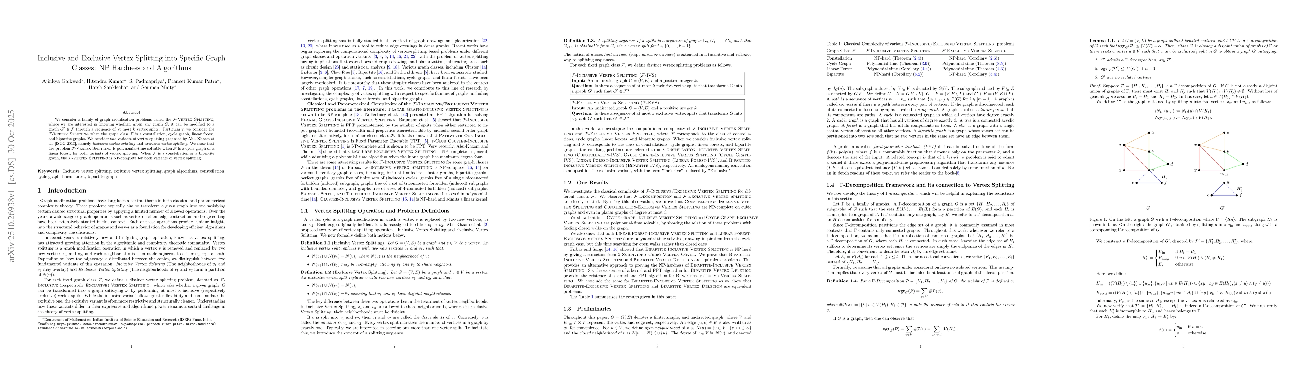 Thumbnail for Inclusive and Exclusive Vertex Splitting into Specific Graph Classes: NP
  Hardness and Algorithms