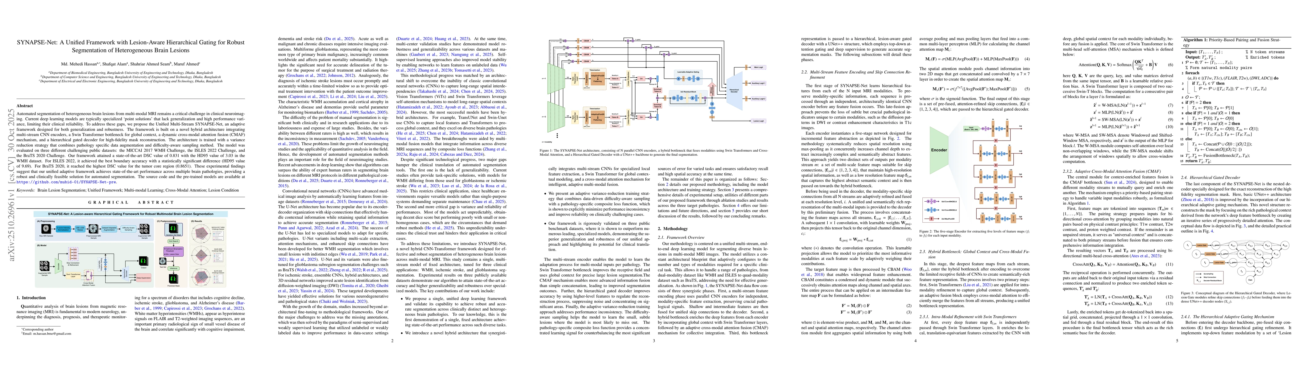Thumbnail for SYNAPSE-Net: A Unified Framework with Lesion-Aware Hierarchical Gating
  for Robust Segmentation of Heterogeneous Brain Lesions