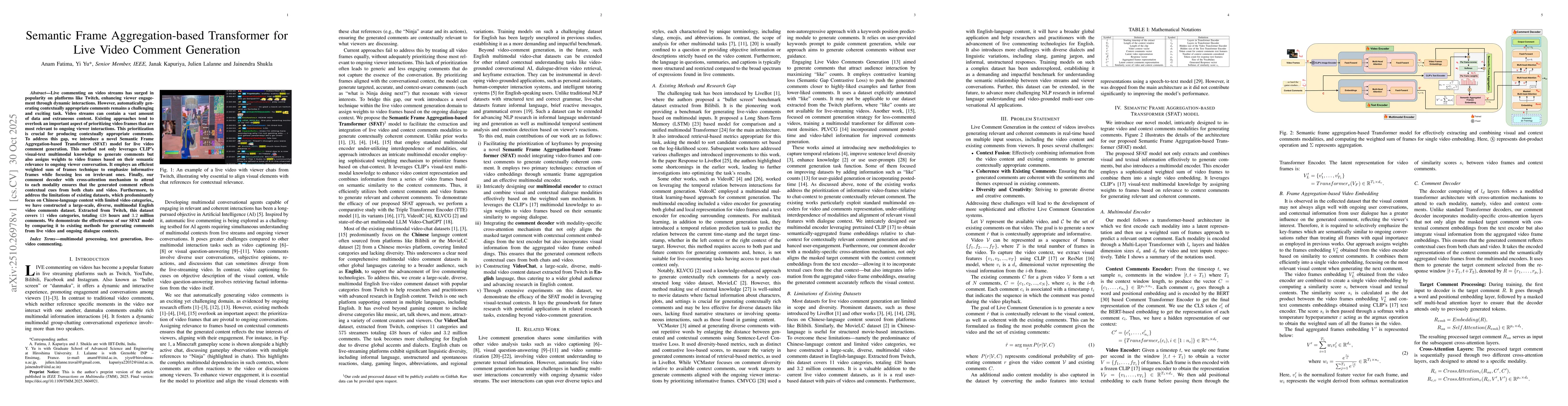 Thumbnail for Semantic Frame Aggregation-based Transformer for Live Video Comment
  Generation