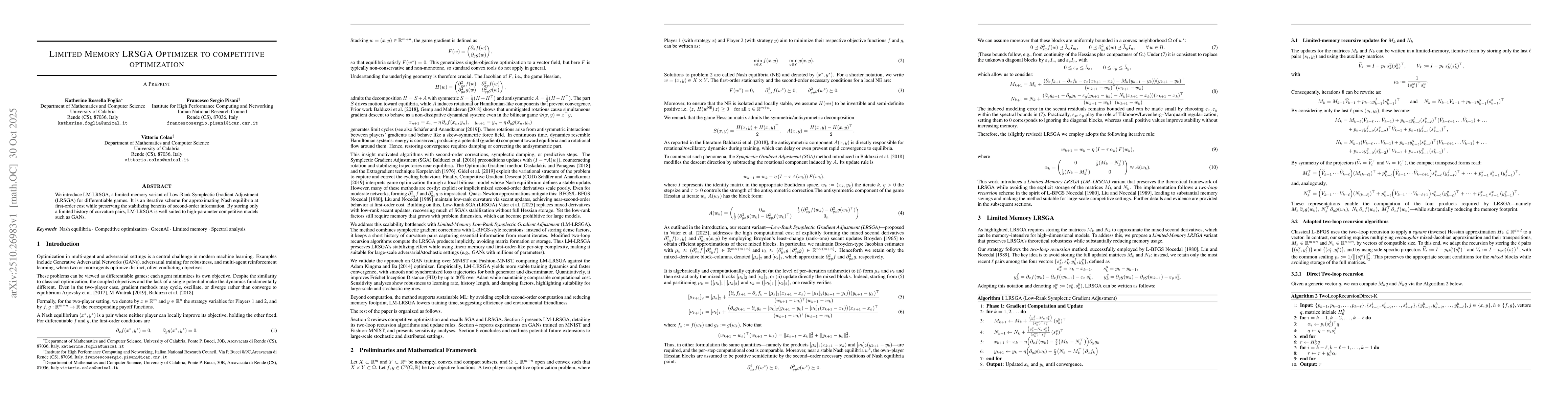 Thumbnail for Limited Memory LRSGA Optimizer to competitive optimization