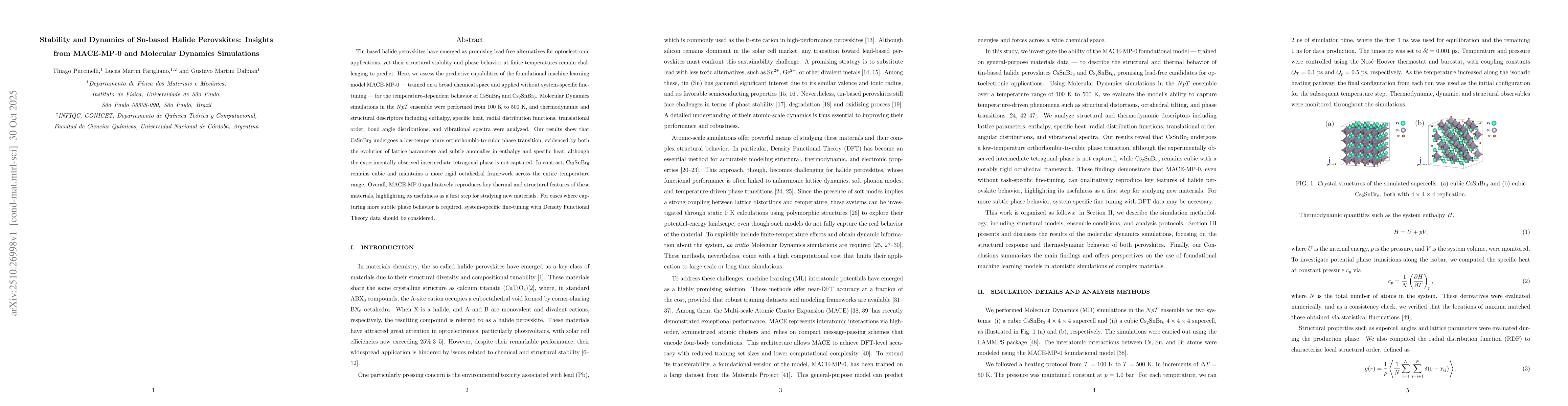 Thumbnail for Stability and Dynamics of Sn-based Halide Perovskites: Insights from
  MACE-MP-0 and Molecular Dynamics Simulations