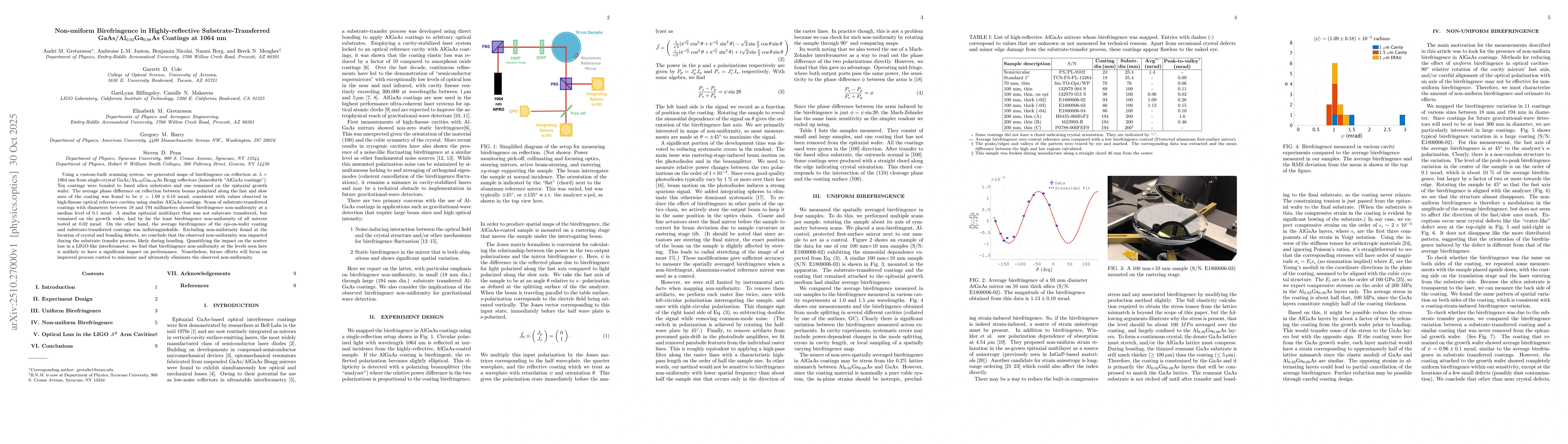 Thumbnail for Non-uniform Birefringence in Highly-reflective Substrate-Transferred
  GaAs/Al$_{0.92}$Ga$_{0.08}$As Coatings at 1064 nm