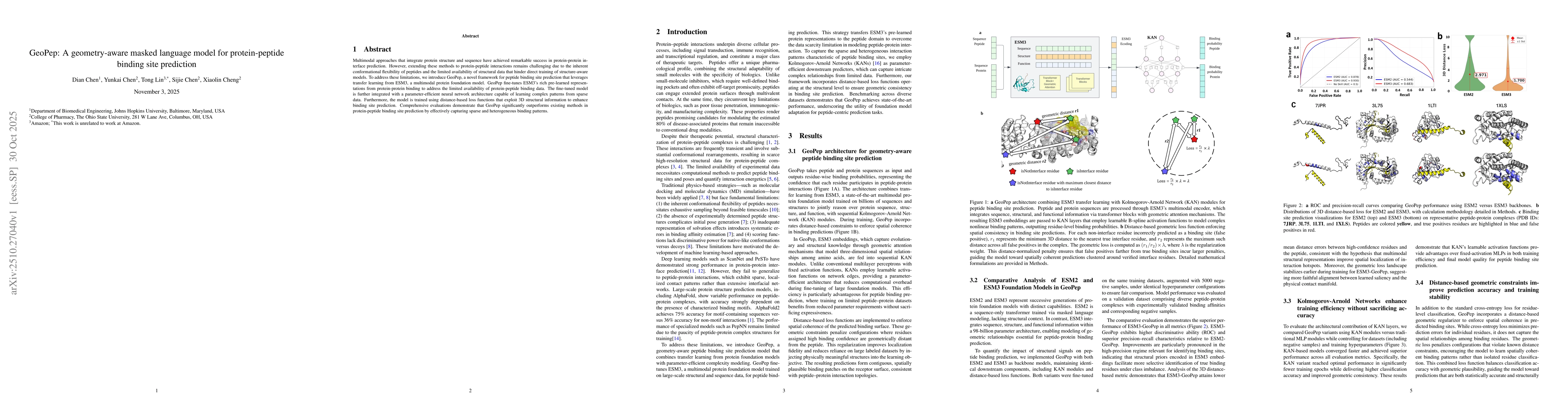 Thumbnail for GeoPep: A geometry-aware masked language model for protein-peptide
  binding site prediction