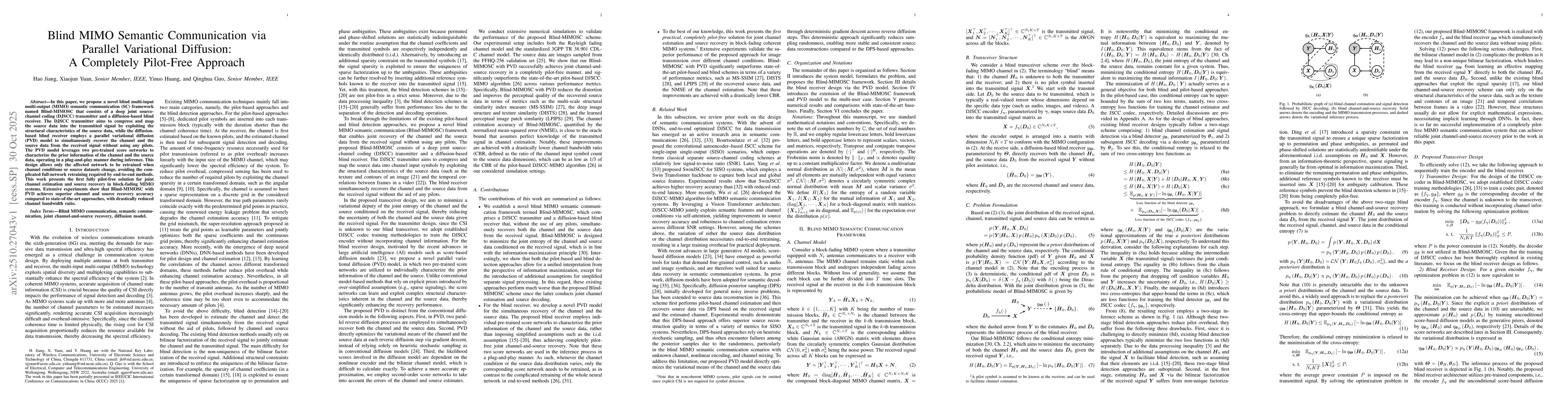 Thumbnail for Blind MIMO Semantic Communication via Parallel Variational Diffusion: A
  Completely Pilot-Free Approach