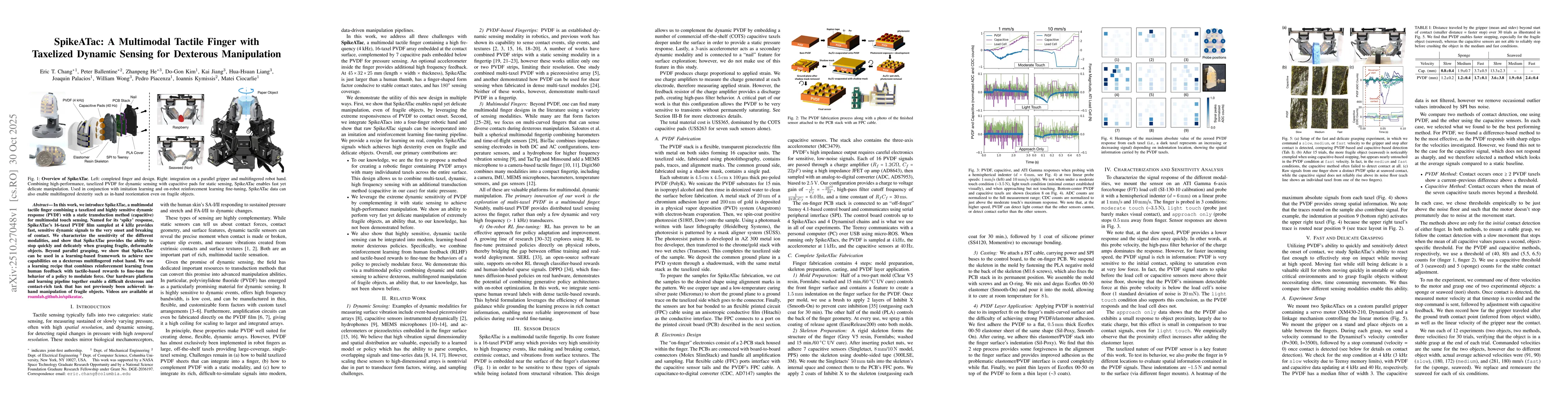 Thumbnail for SpikeATac: A Multimodal Tactile Finger with Taxelized Dynamic Sensing
  for Dexterous Manipulation