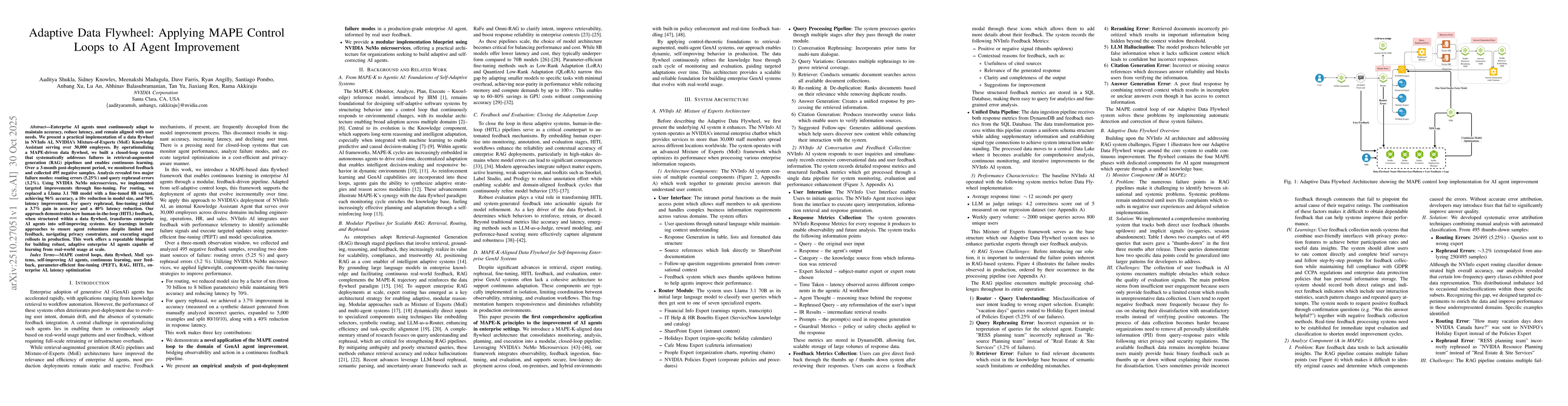 Thumbnail for Adaptive Data Flywheel: Applying MAPE Control Loops to AI Agent
  Improvement