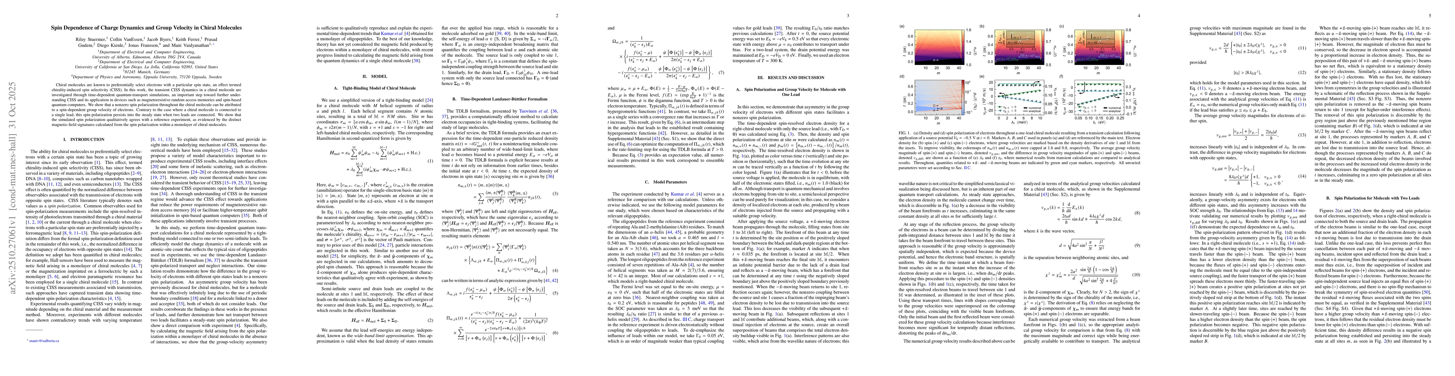 Thumbnail for Spin Dependence of Charge Dynamics and Group Velocity in Chiral
  Molecules