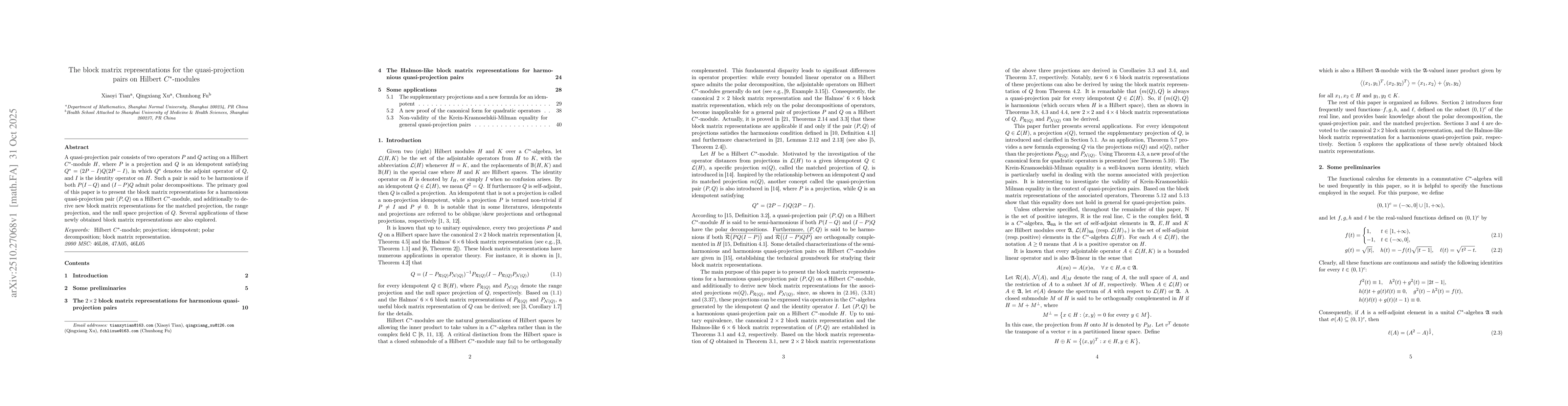 Thumbnail for The block matrix representations for the quasi-projection pairs on
  Hilbert $C^*$-modules