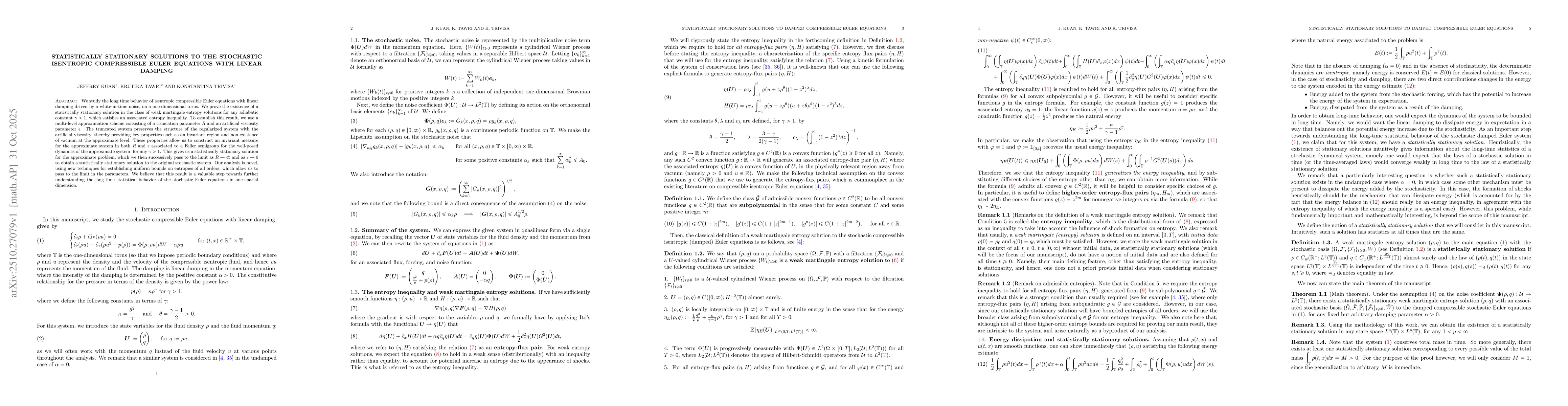 Thumbnail for Statistically stationary solutions to the stochastic isentropic
  compressible Euler equations with linear damping