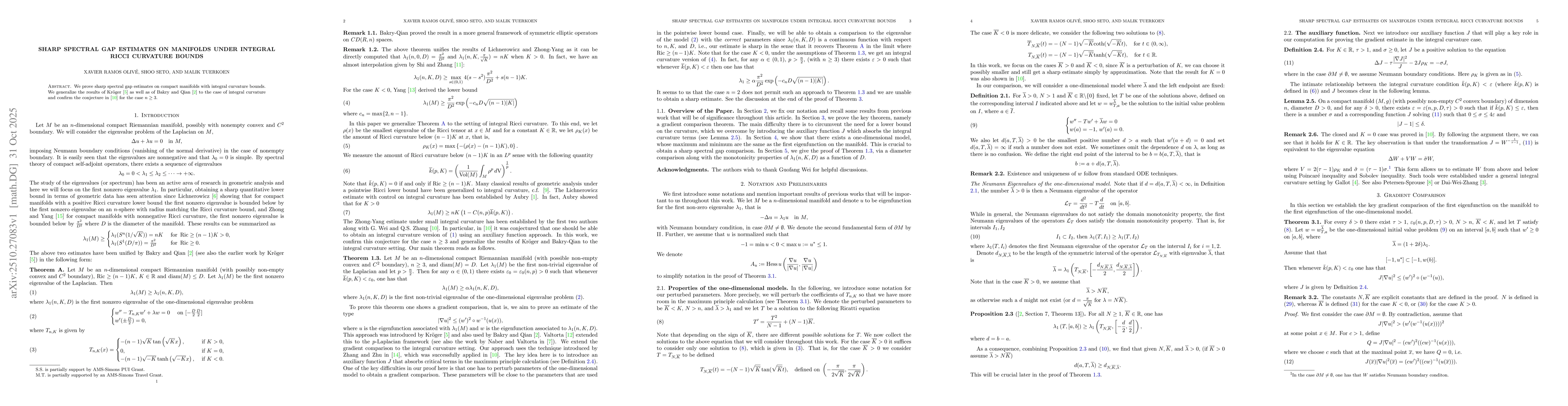 Thumbnail for Sharp Spectral Gap Estimates on Manifolds under Integral Ricci Curvature
  Bounds