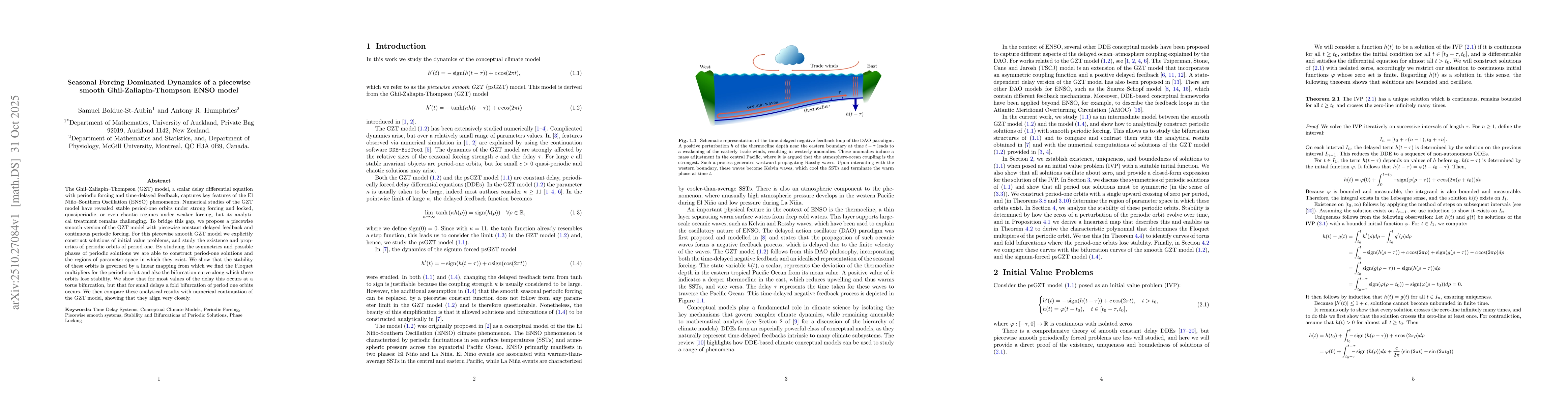 Thumbnail for Seasonal Forcing Dominated Dynamics of a piecewise smooth
  Ghil-Zaliapin-Thompson ENSO model