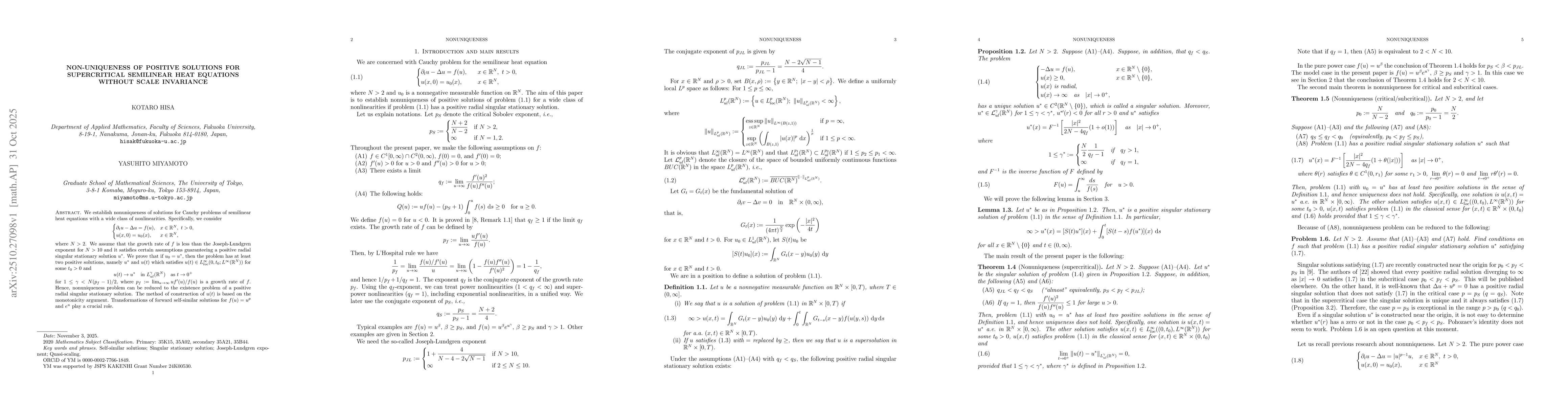 Thumbnail for Non-uniqueness of positive solutions for supercritical semilinear heat
  equations without scale invariance