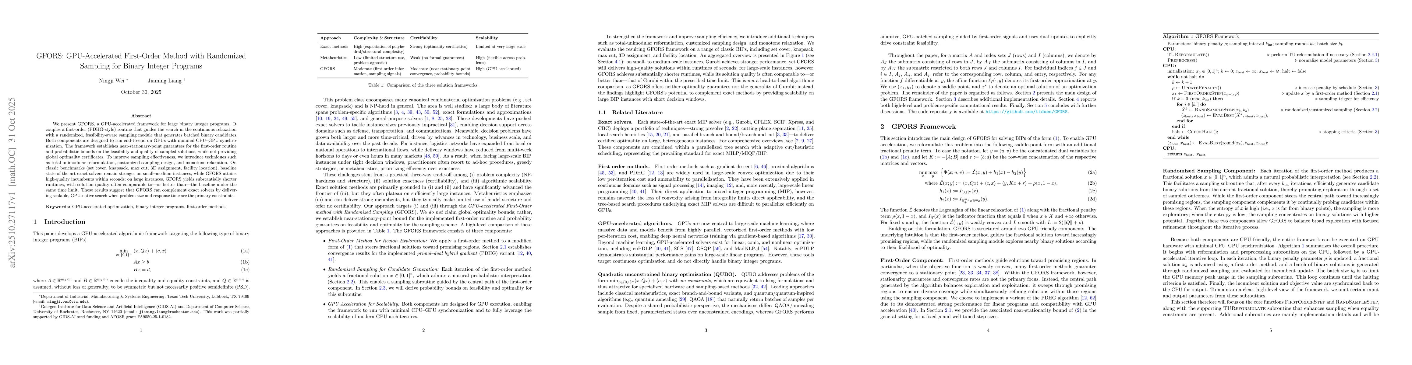 Thumbnail for GFORS: GPU-Accelerated First-Order Method with Randomized Sampling for
  Binary Integer Programs