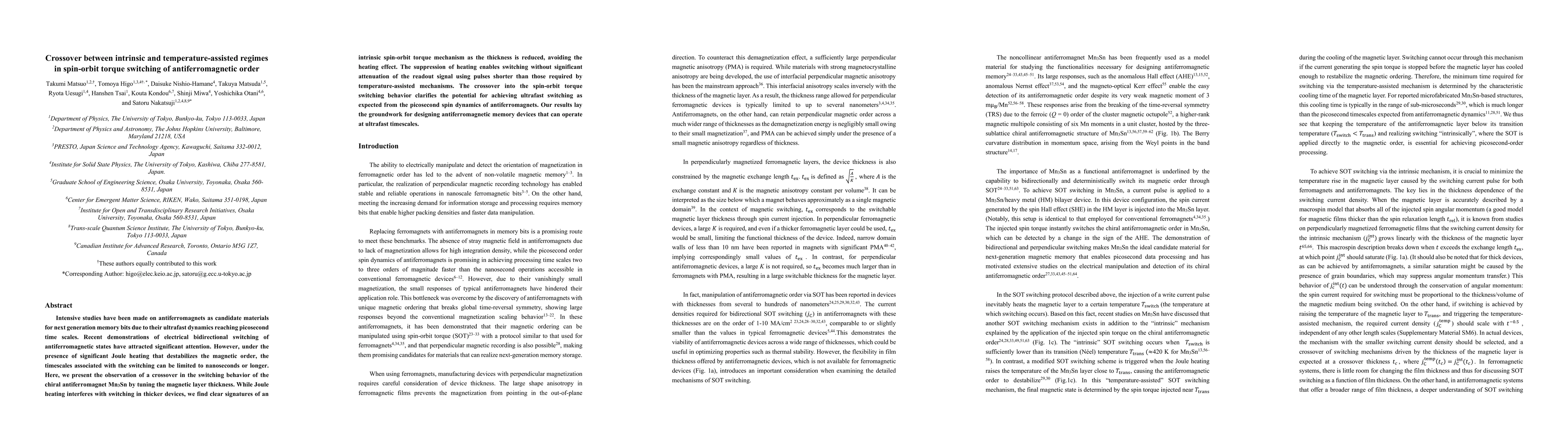 Thumbnail for Crossover between intrinsic and temperature-assisted regimes in
  spin-orbit torque switching of antiferromagnetic order