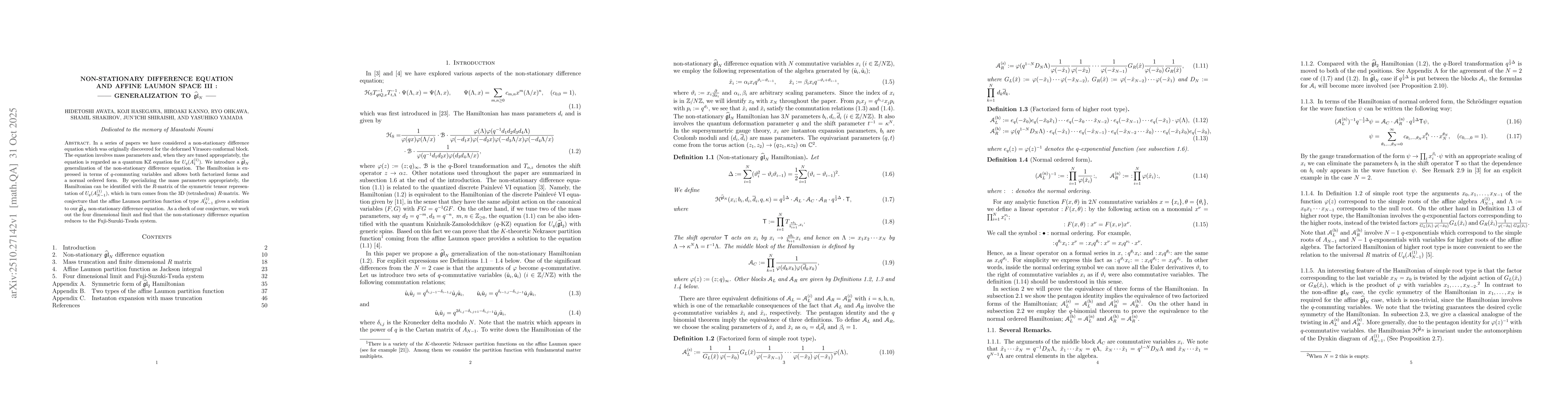 Thumbnail for Non-stationary difference equation and affine Laumon space III :
  Generalization to $\widehat{\mathfrak{gl}}_N$