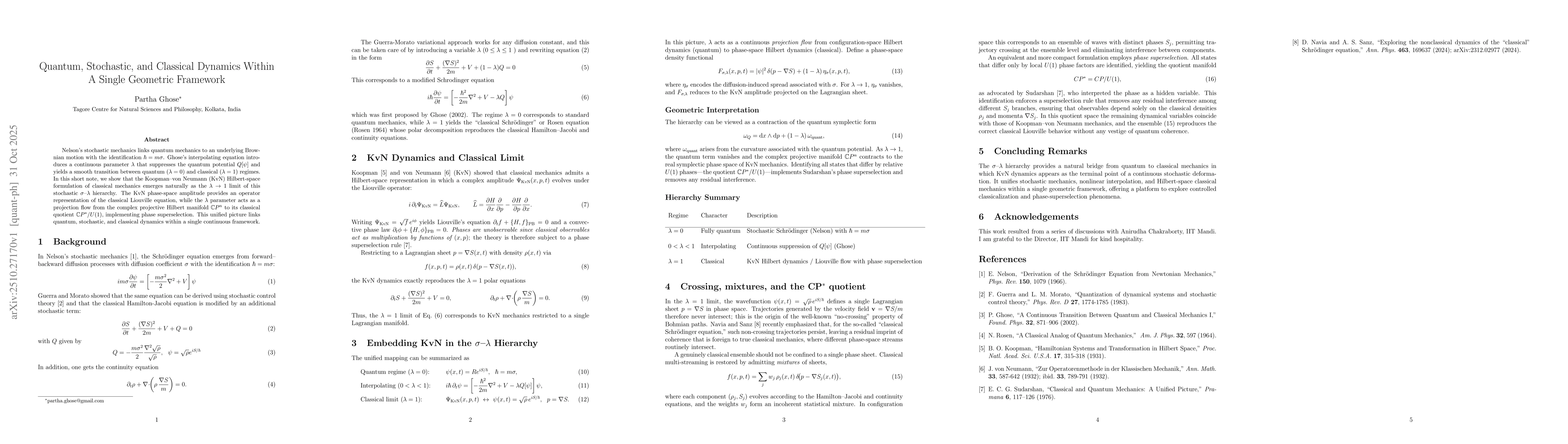 Thumbnail for Quantum, Stochastic, and Classical Dynamics Within A Single Geometric
  Framework