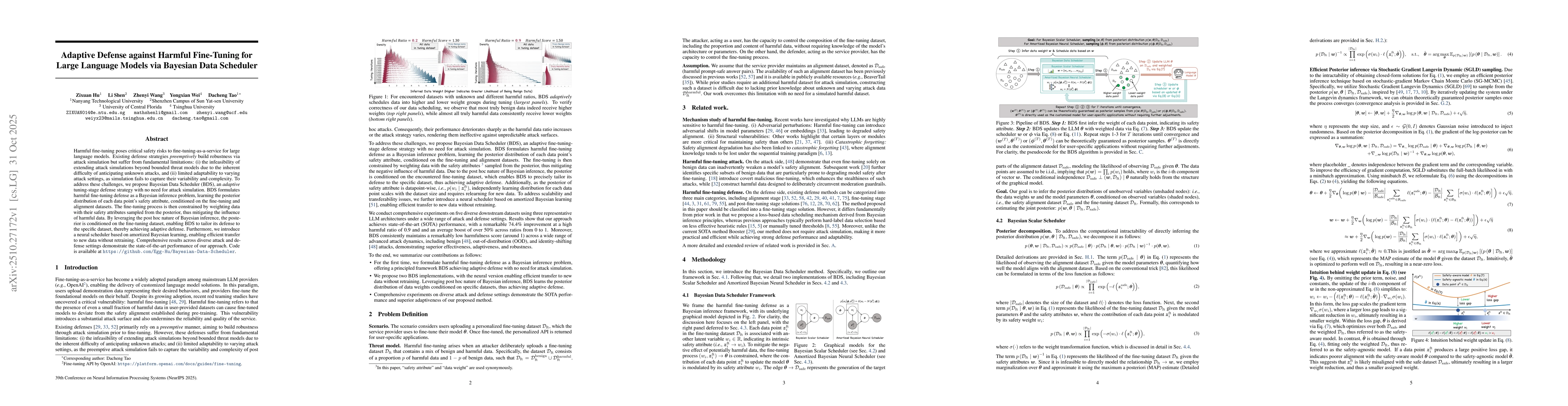 Thumbnail for Adaptive Defense against Harmful Fine-Tuning for Large Language Models
  via Bayesian Data Scheduler