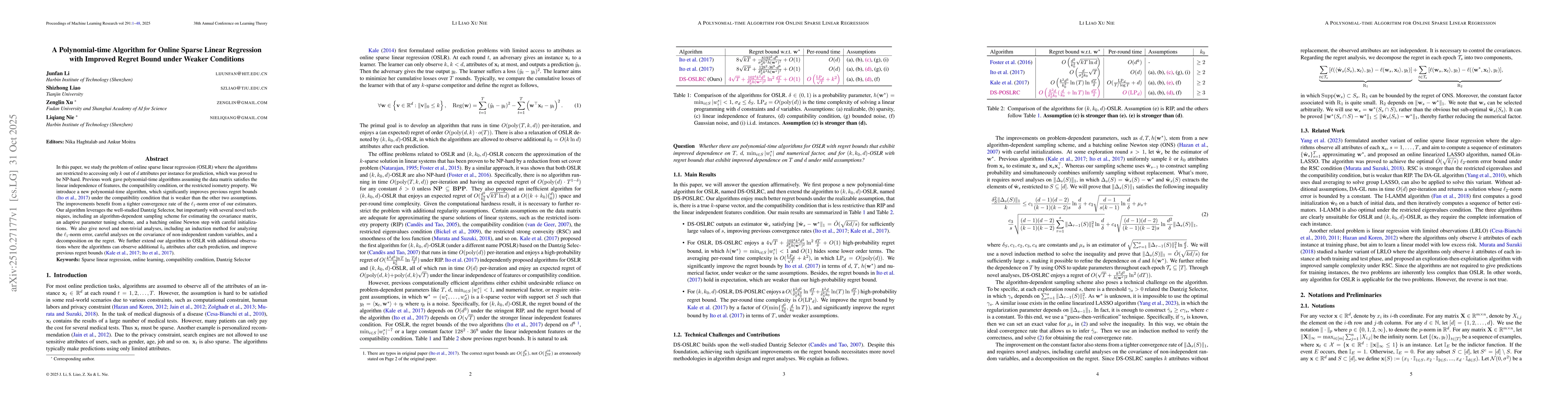 Thumbnail for A Polynomial-time Algorithm for Online Sparse Linear Regression with
  Improved Regret Bound under Weaker Conditions