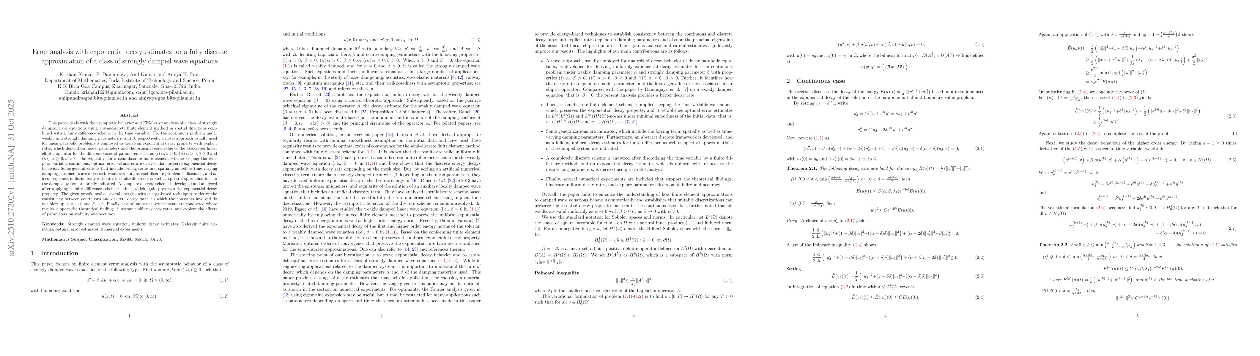 Thumbnail for Error analysis with exponential decay estimates for a fully discrete
  approximation of a class of strongly damped wave equations