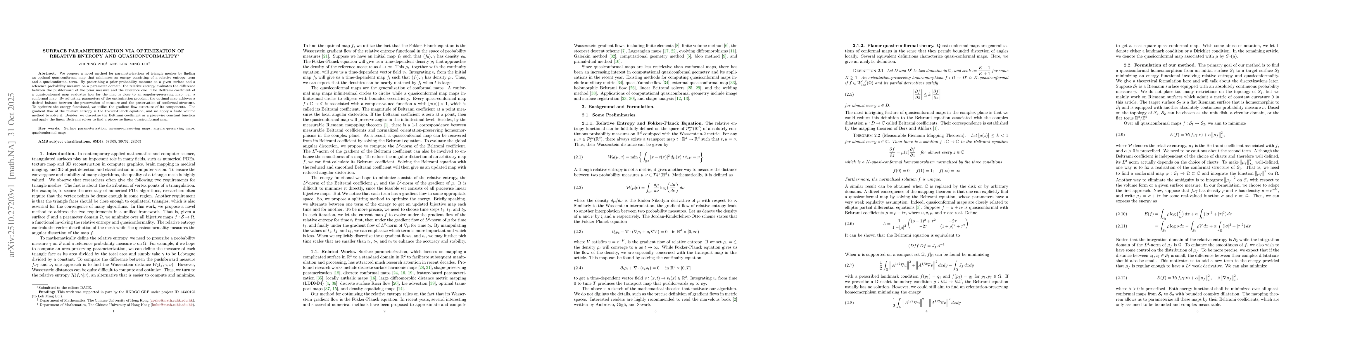 Thumbnail for Surface parameterization via optimization of relative entropy and
  quasiconformality