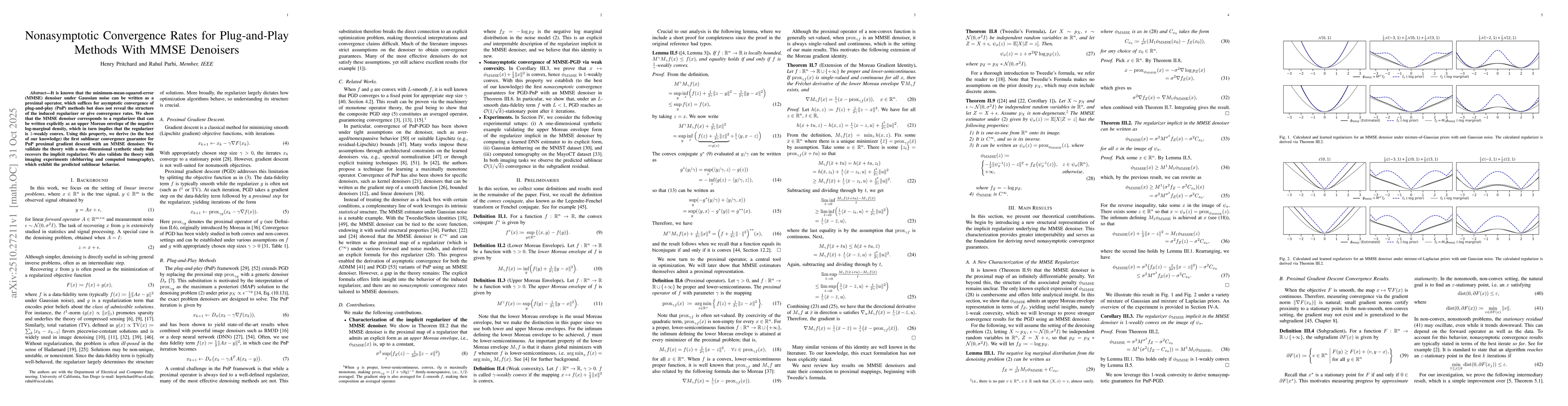 Thumbnail for Nonasymptotic Convergence Rates for Plug-and-Play Methods With MMSE
  Denoisers