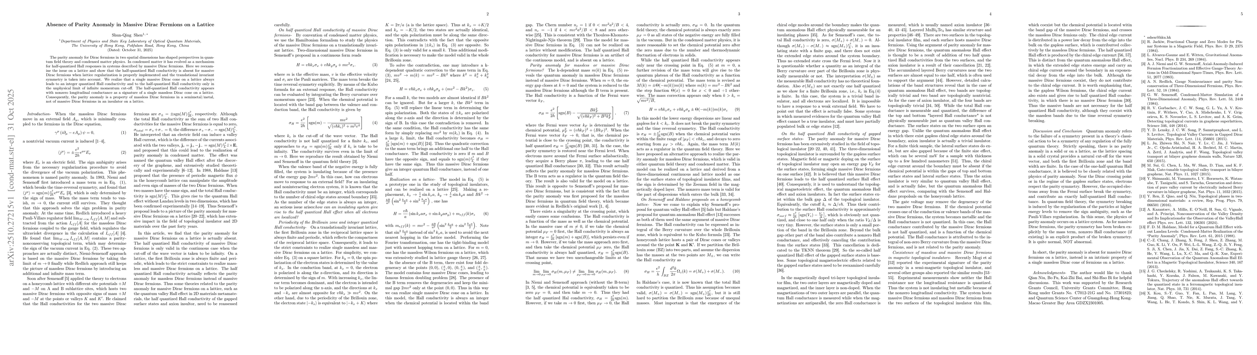 Thumbnail for Absence of Parity Anomaly in Massive Dirac Fermions on a Lattice