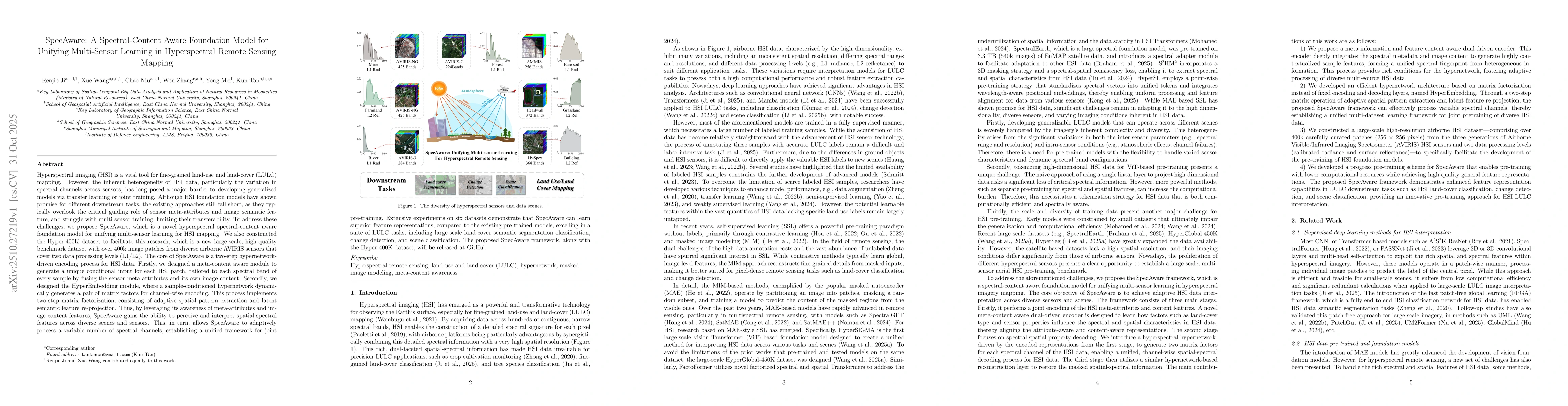 Thumbnail for SpecAware: A Spectral-Content Aware Foundation Model for Unifying
  Multi-Sensor Learning in Hyperspectral Remote Sensing Mapping