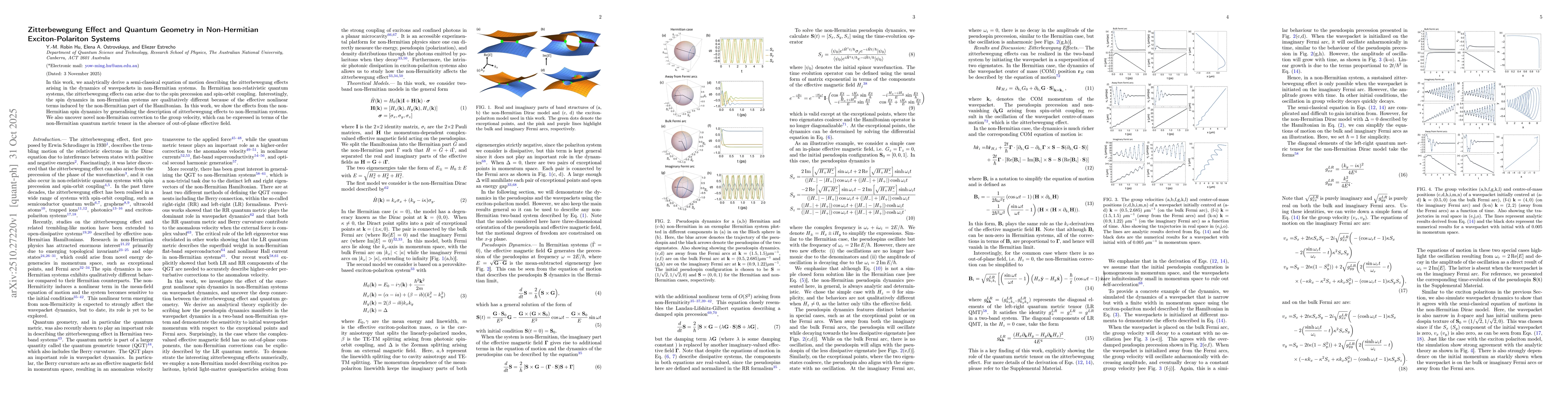 Thumbnail for Zitterbewegung Effect and Quantum Geometry in Non-Hermitian
  Exciton-Polariton Systems