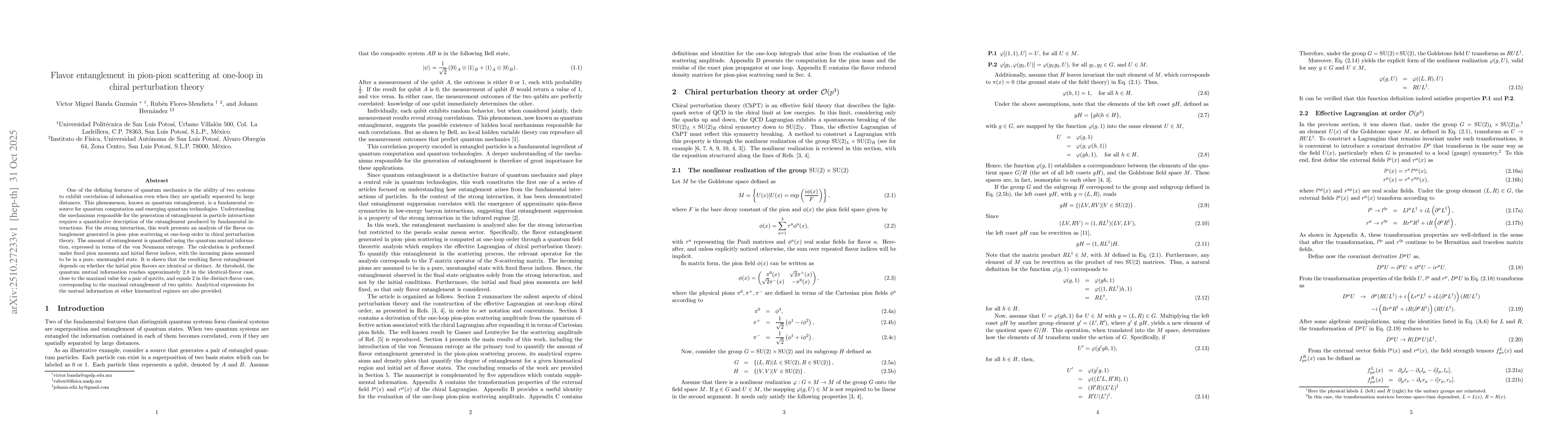 Thumbnail for Flavor entanglement in pion-pion scattering at one-loop in chiral
  perturbation theory