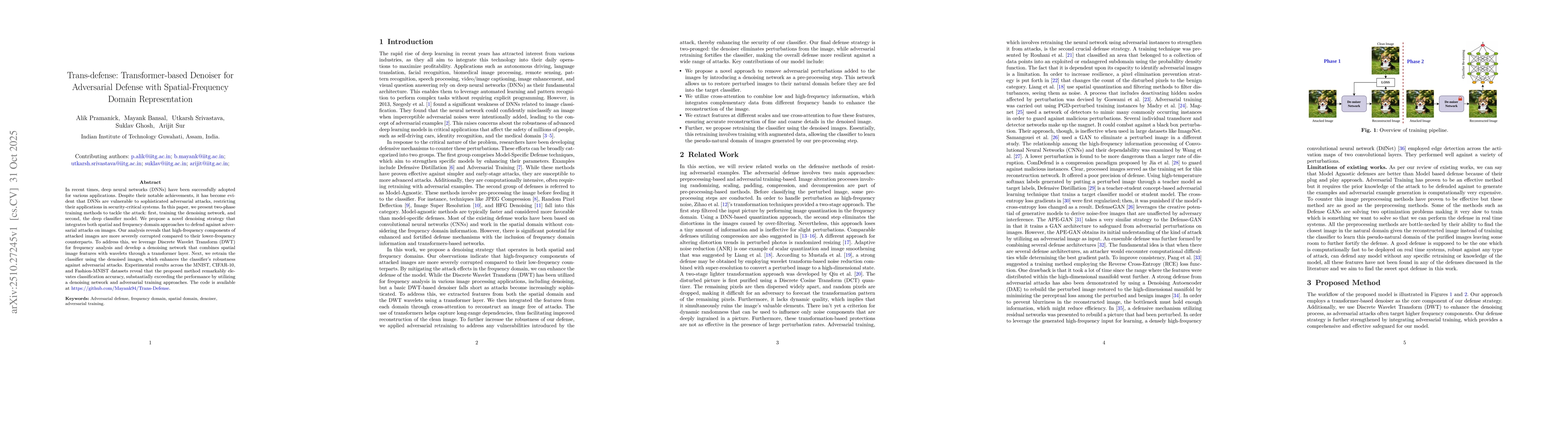 Thumbnail for Trans-defense: Transformer-based Denoiser for Adversarial Defense with
  Spatial-Frequency Domain Representation