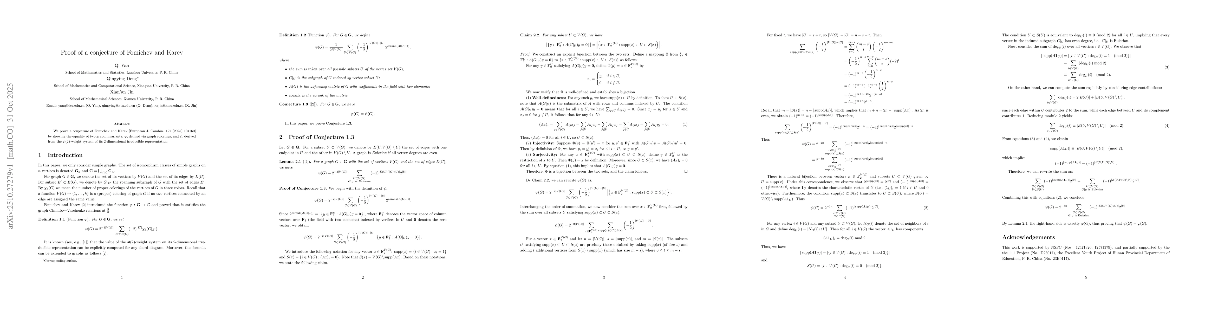 Thumbnail for Proof of a conjecture of Fomichev and Karev