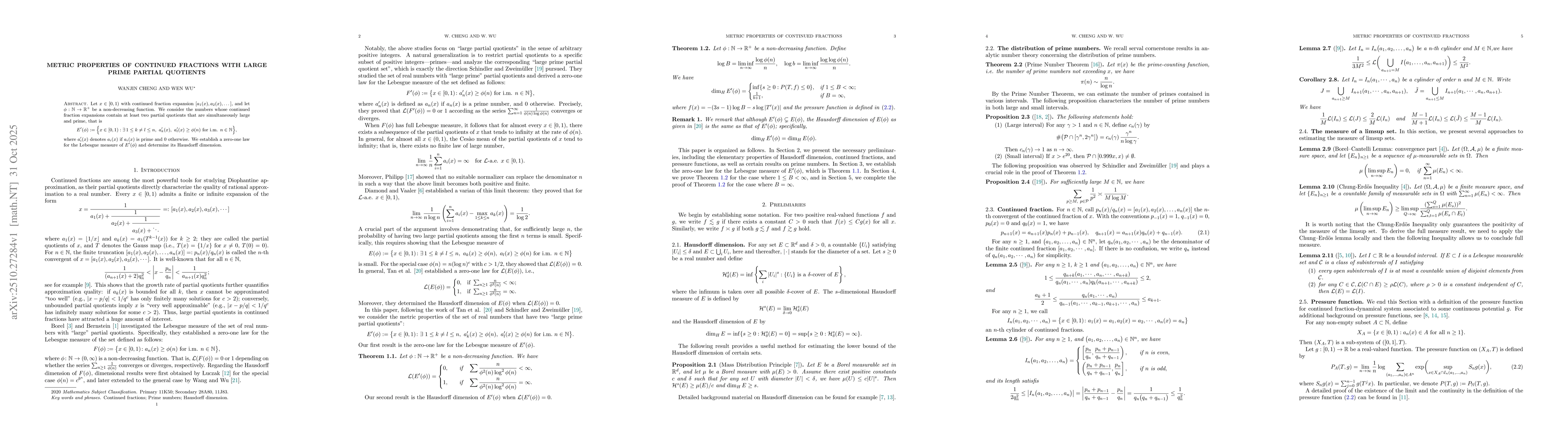 Thumbnail for Metric properties of continued fractions with large prime partial
  quotients