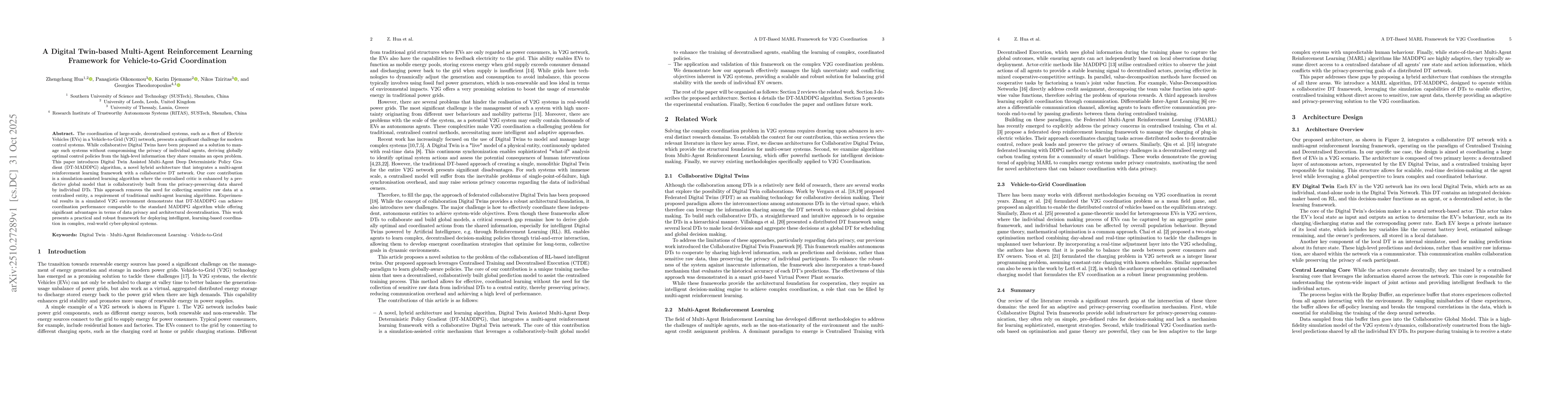 Thumbnail for A Digital Twin-based Multi-Agent Reinforcement Learning Framework for
  Vehicle-to-Grid Coordination