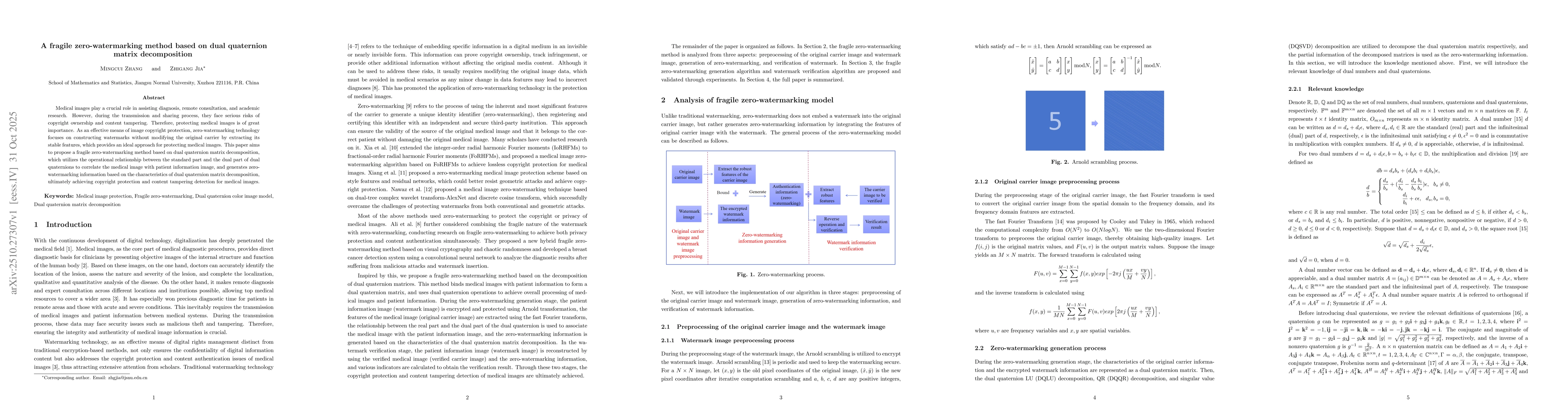 Thumbnail for A fragile zero-watermarking method based on dual quaternion matrix
  decomposition