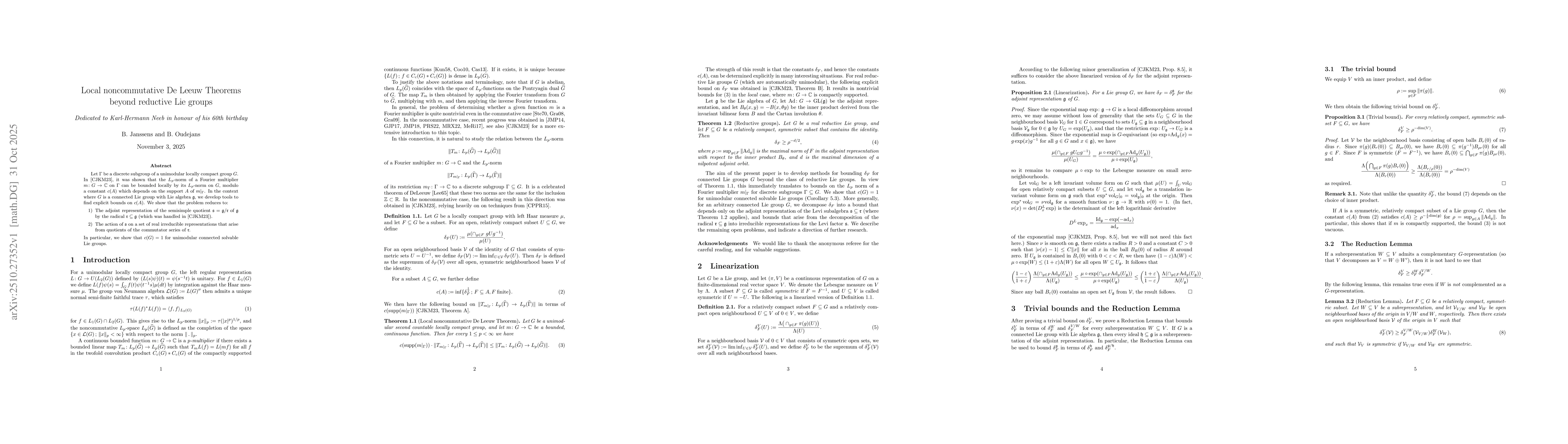 Thumbnail for Local noncommutative De Leeuw Theorems beyond reductive Lie groups