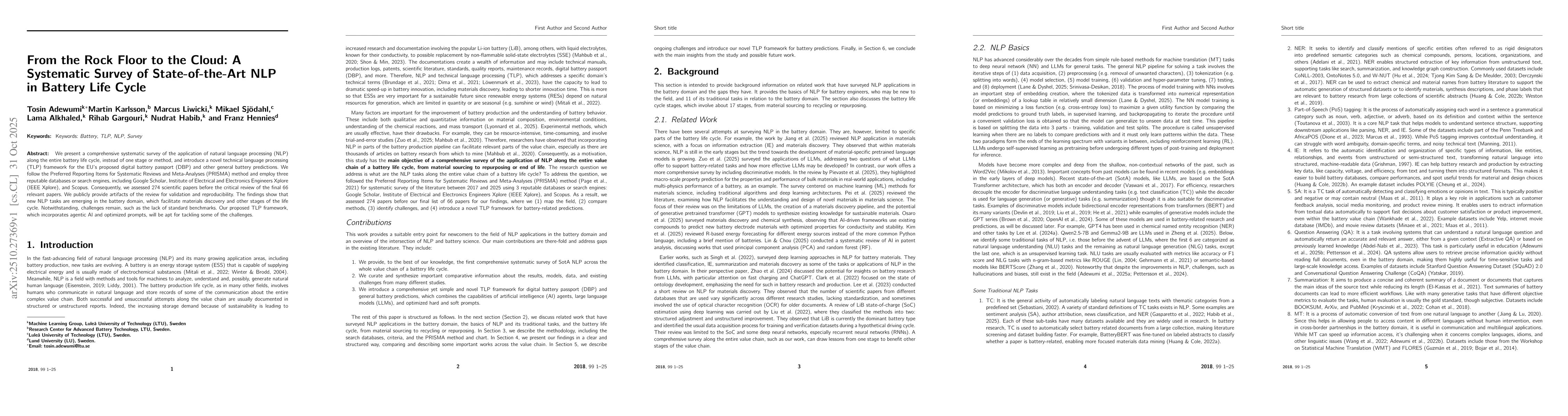 Thumbnail for From the Rock Floor to the Cloud: A Systematic Survey of
  State-of-the-Art NLP in Battery Life Cycle