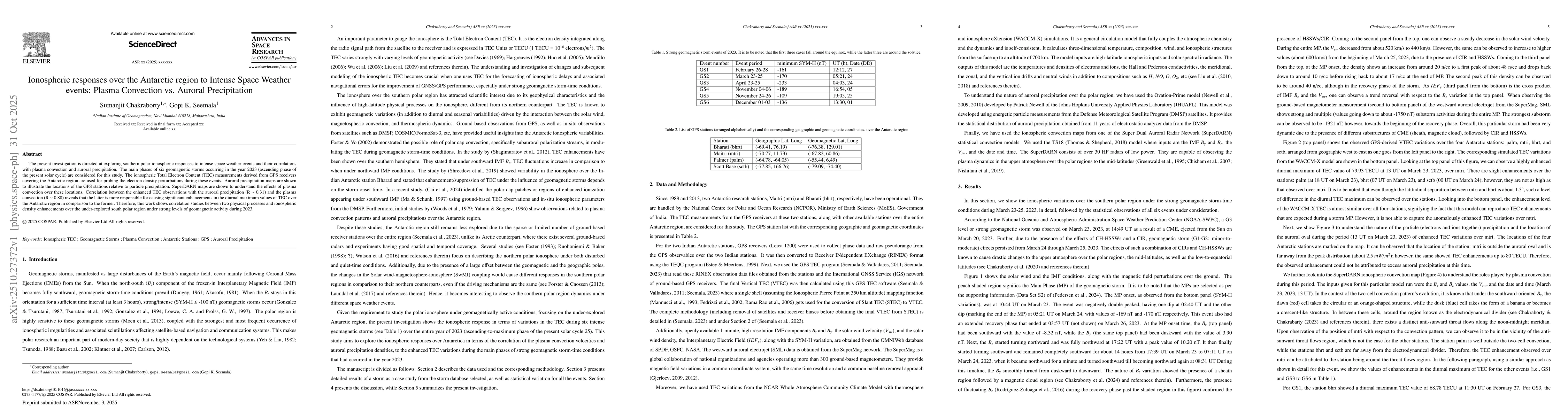 Thumbnail for Ionospheric responses over the Antarctic region to Intense Space Weather
  events: Plasma Convection vs. Auroral Precipitation