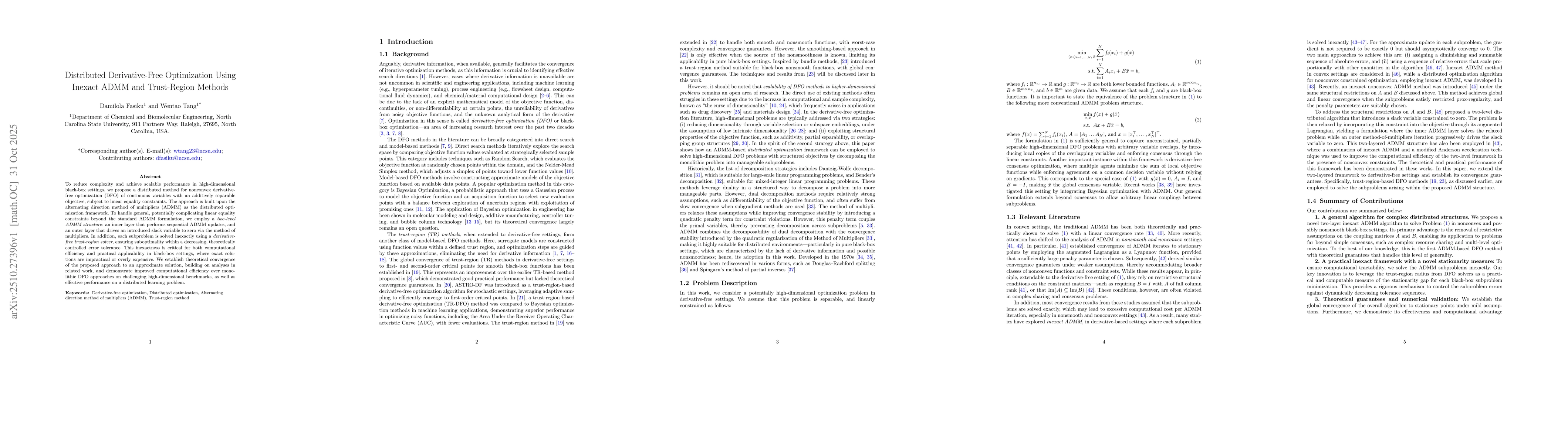 Thumbnail for Distributed Derivative-Free Optimization Using Inexact ADMM and
  Trust-Region Methods