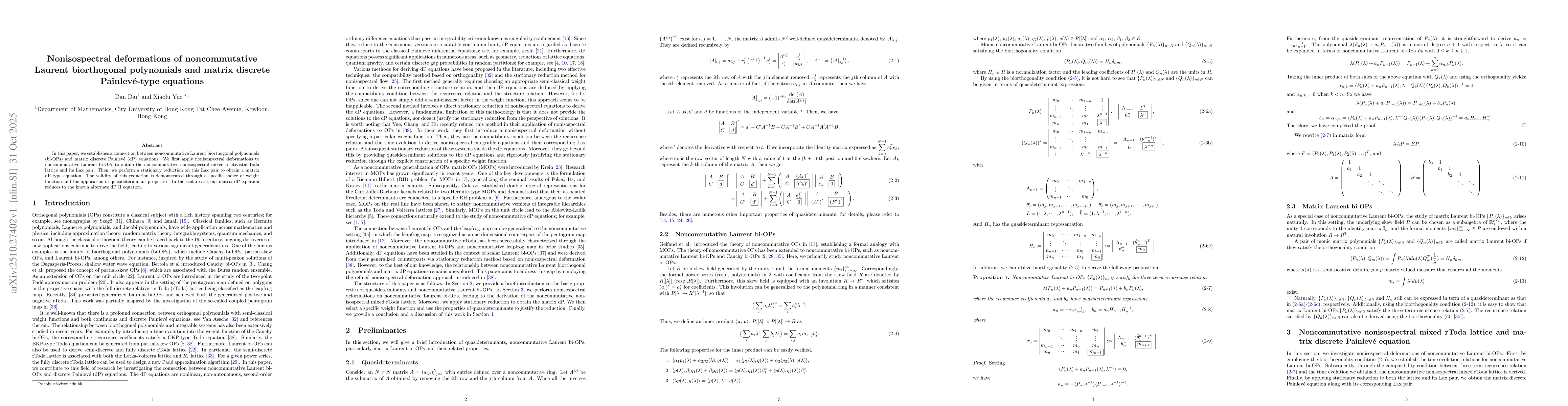 Thumbnail for Nonisospectral deformations of noncommutative Laurent biorthogonal
  polynomials and matrix discrete Painlevé-type equations