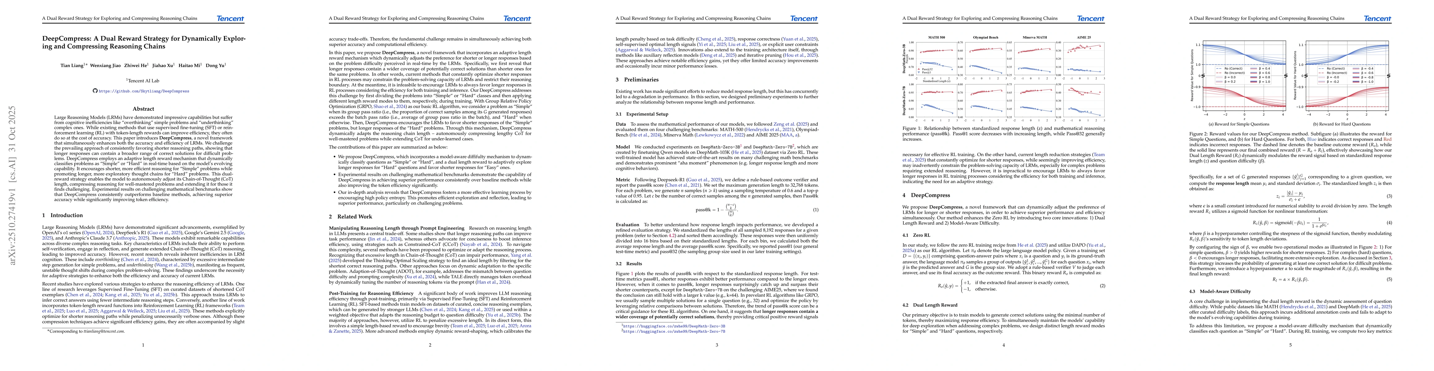 Thumbnail for DeepCompress: A Dual Reward Strategy for Dynamically Exploring and
  Compressing Reasoning Chains
