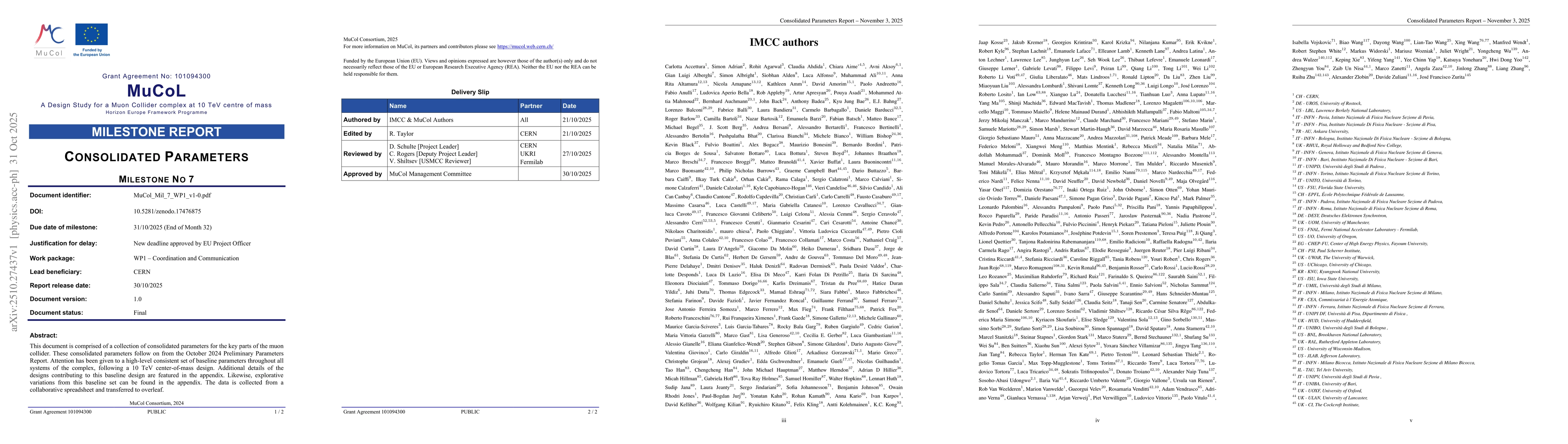 Thumbnail for MuCol Milestone Report No. 7: Consolidated Parameters