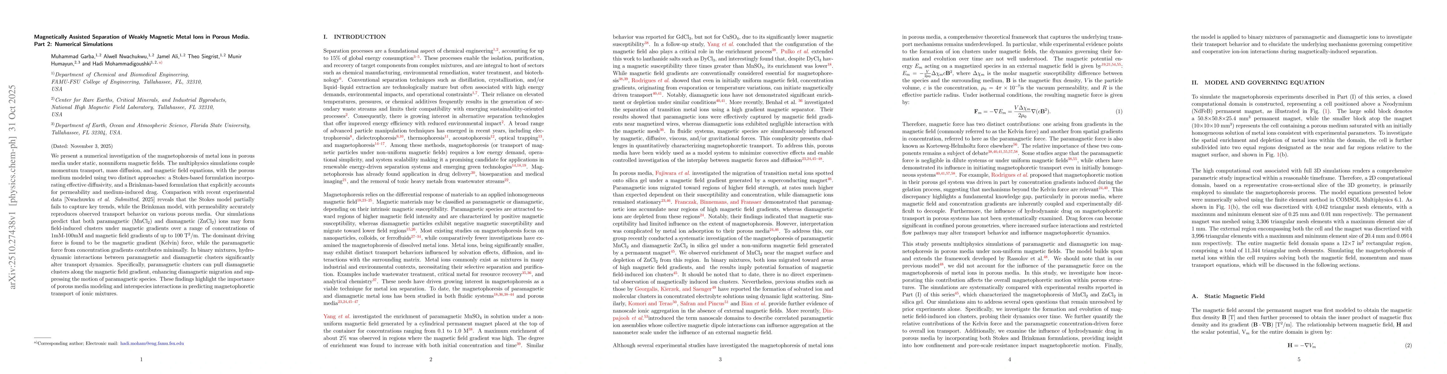 Thumbnail for Magnetically Assisted Separation of Weakly Magnetic Metal Ions in Porous
  Media. Part 2: Numerical Simulations