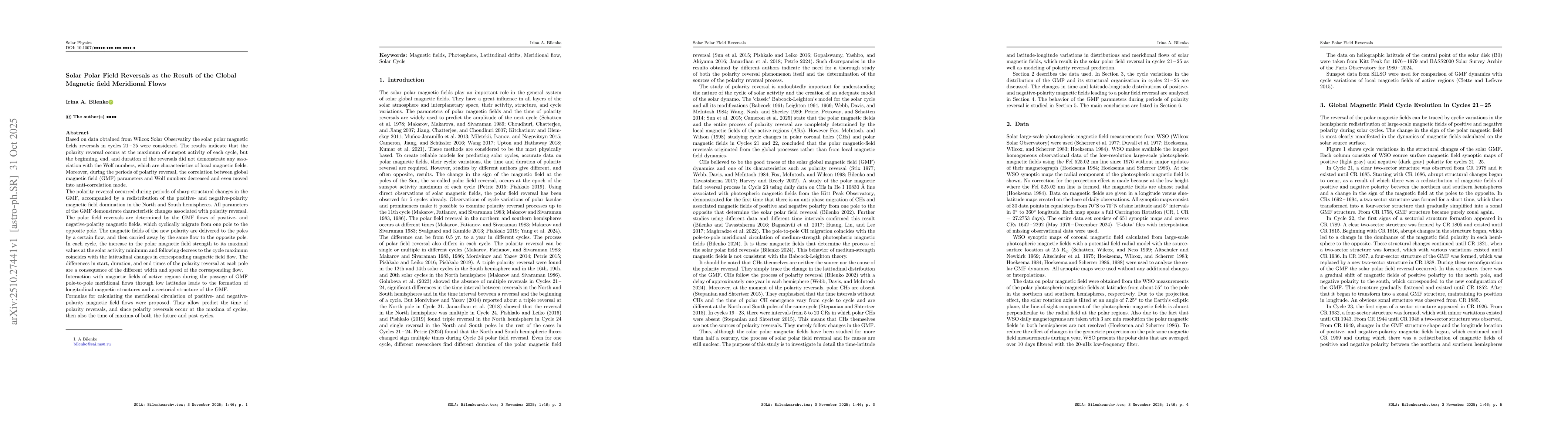 Thumbnail for Solar Polar Field Reversals as the Result of the Global Magnetic field
  Meridional Flows