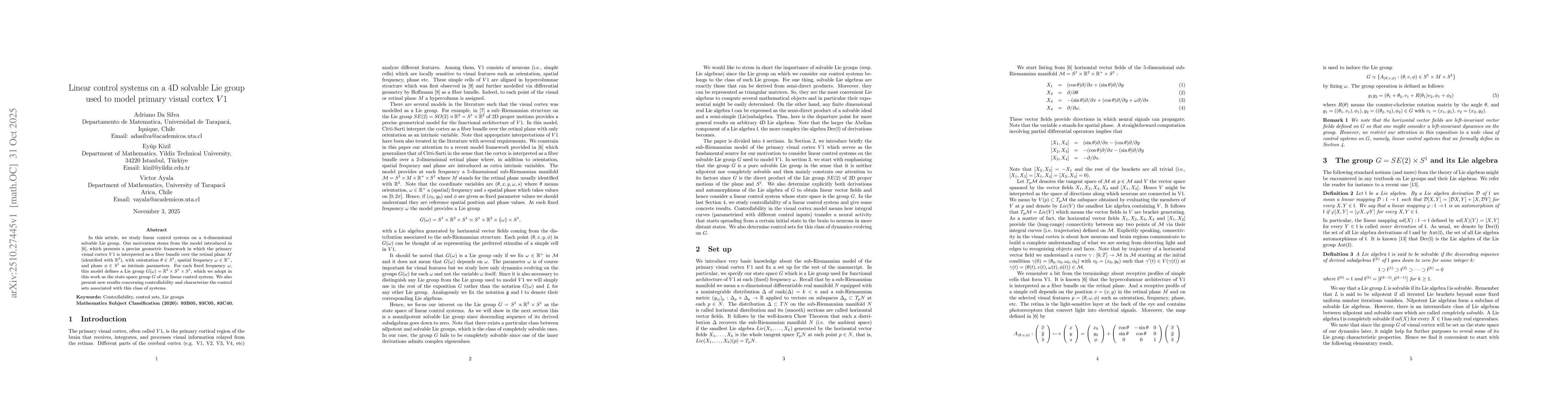 Thumbnail for Linear control systems on a 4D solvable Lie group used to model primary
  visual cortex $V1$