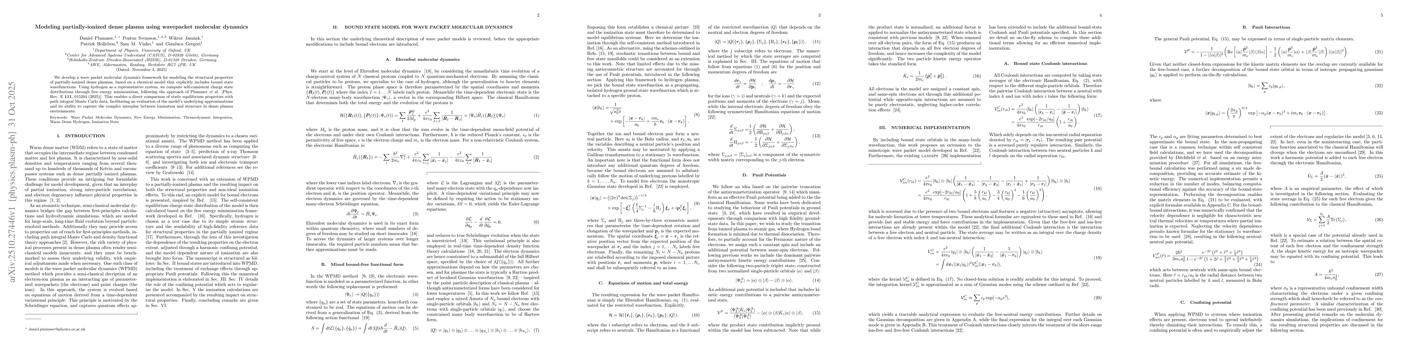 Thumbnail for Modeling partially-ionized dense plasma using wavepacket molecular
  dynamics