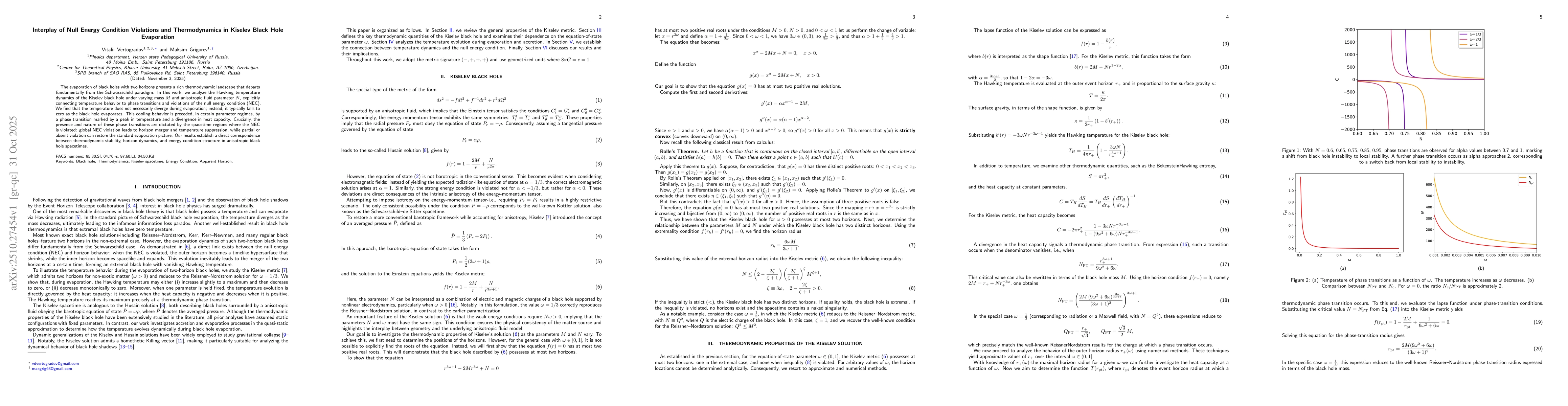 Thumbnail for Interplay of Null Energy Condition Violations and Thermodynamics in
  Kiselev Black Hole Evaporation